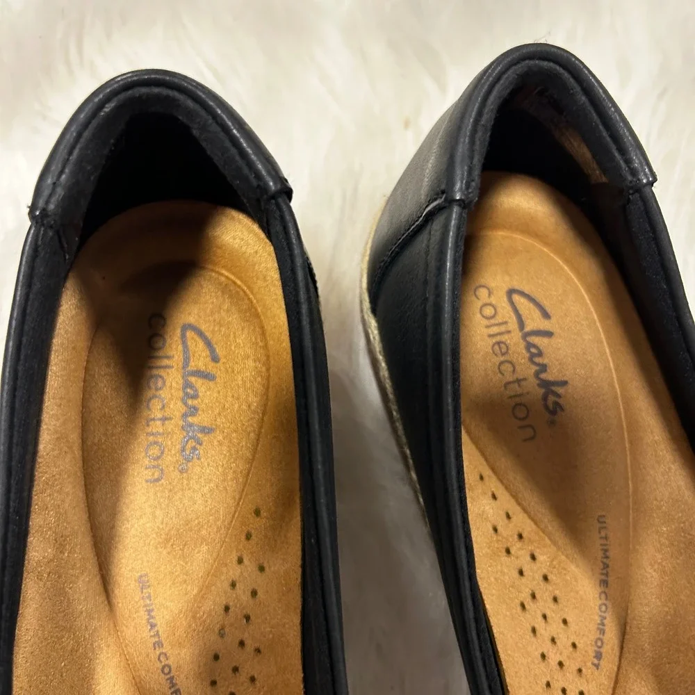 Clarks Collection Black Elaina Jade Black Leather Flats Flower Detail Women's 10